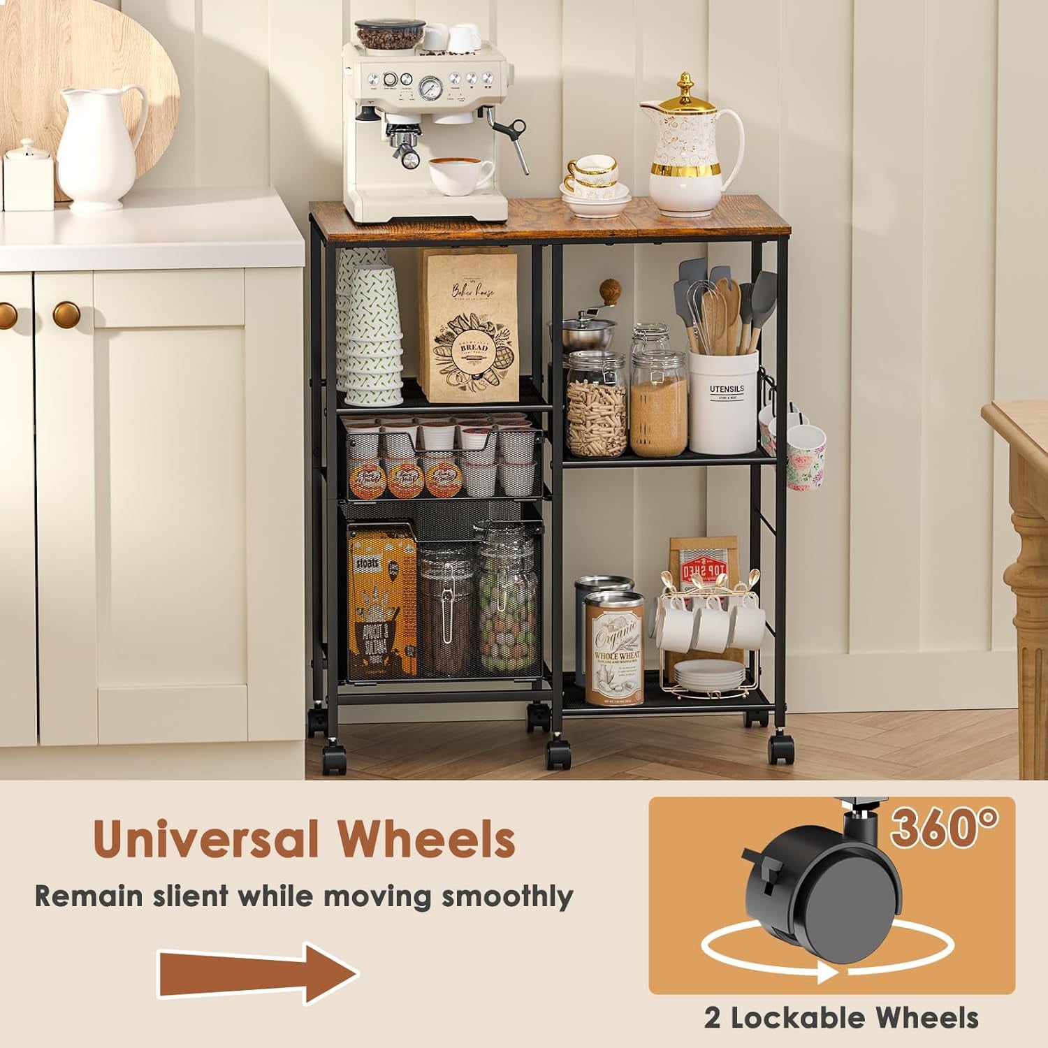 Rolling Microwave Cart with Storage, Microwave Stand with Drawers, Kitchen Storage Rack on Wheels, Kitchen Storage Cart Shelves Organizer Used as Bakers Rack Coffee Bar Station Kitchen Island Cart