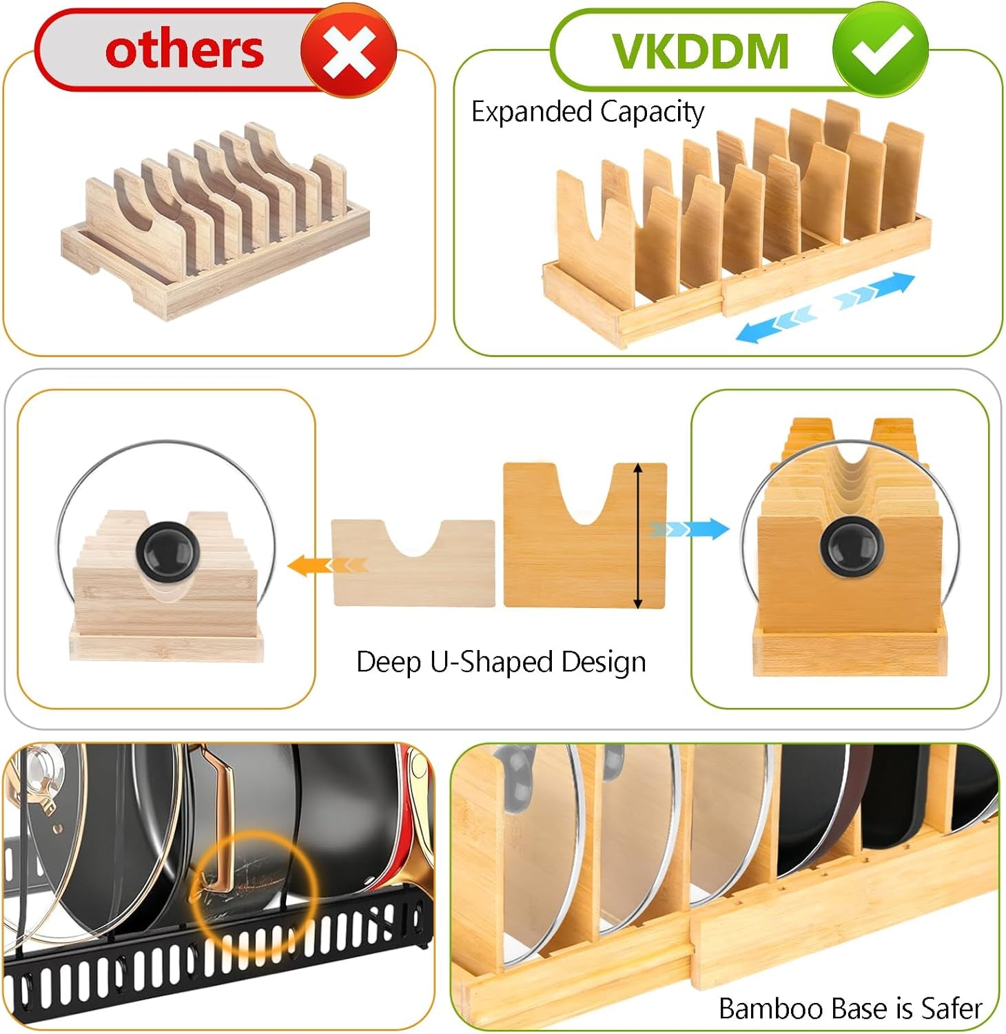 Pots and Pans Organizer for under Cabinet - Expandable Bamboo Pot Lid Organizer, Pan Organizers inside Cabinet, Drawer Pot Lid Holder Rack for Kitchen Organization and Storage