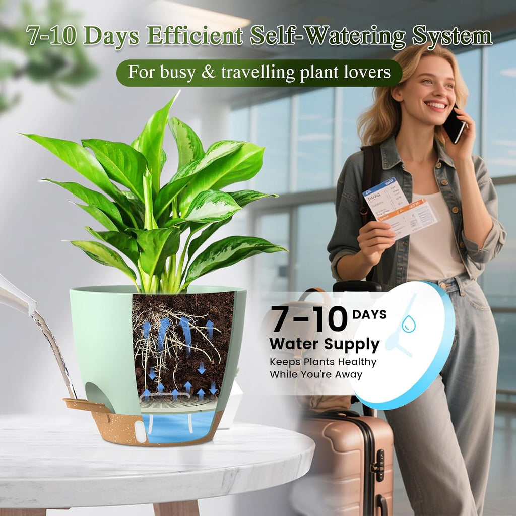 Self Watering Pots with Drainage Holes, 2 Pack 8 Inch Plant Pots with Water Level Indicator Deep Reservoir, Large Plastic Planter for Indoor Outdoor Plants - Green Brown