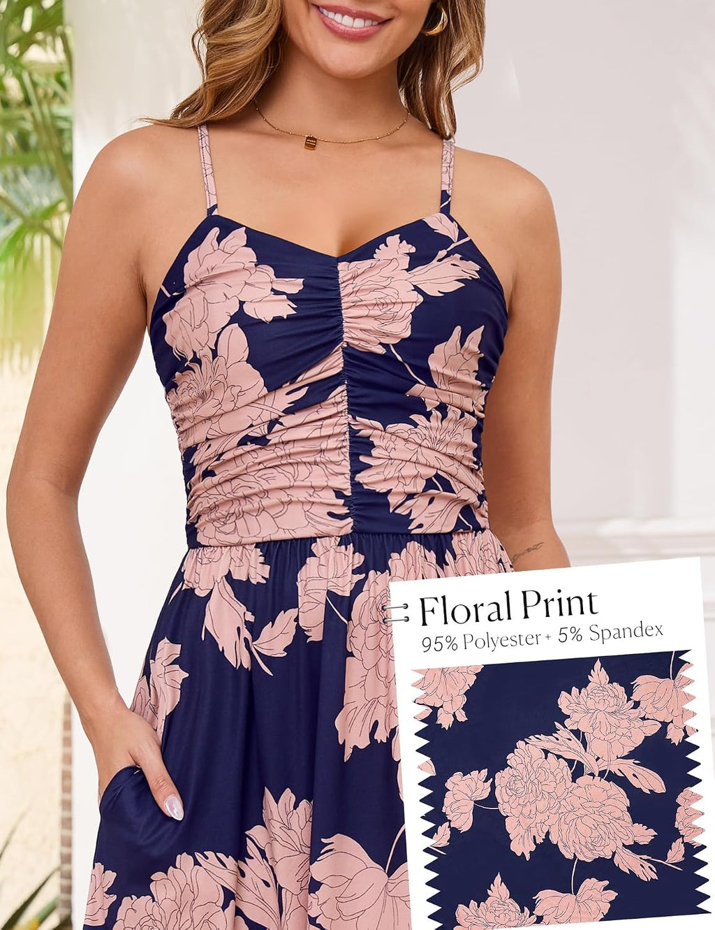 Women'S Summer Adjustable Spaghetti Strap Ruched Maxi Sun Dress | Dress with Pockets, Lined Bodice, Boho Floral Print, Perfect Summer Dress for Wedding Guest, Beach, Vacation, Resort Wear