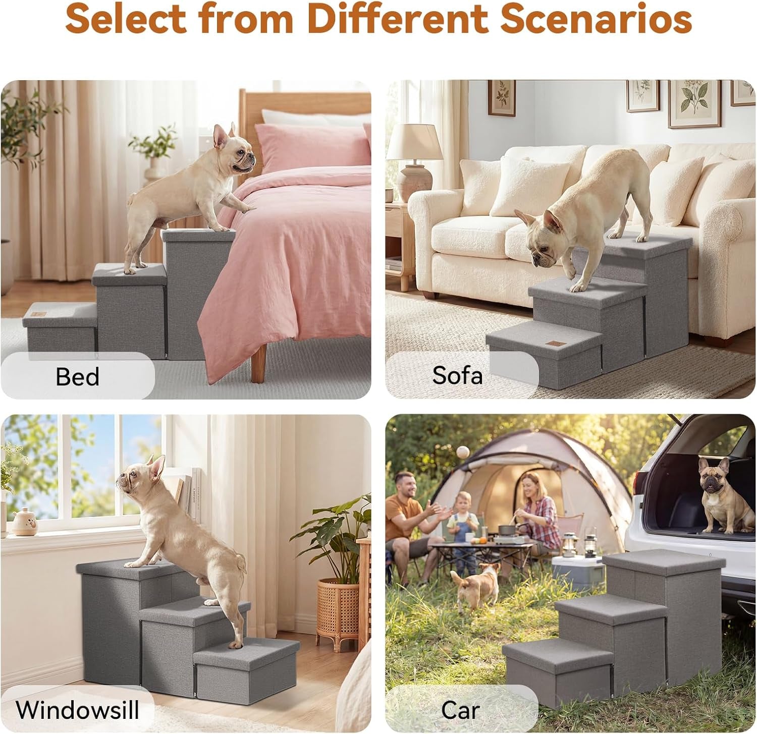 Wider Dog Ramp for High Bed with Storage, Foldable Dog Stairs | 18" H Dog Step for Small Medium Large Older Senior Animal, for Climbing Bed or Couch, Arthritis-Friendly (Gray, No Condo)