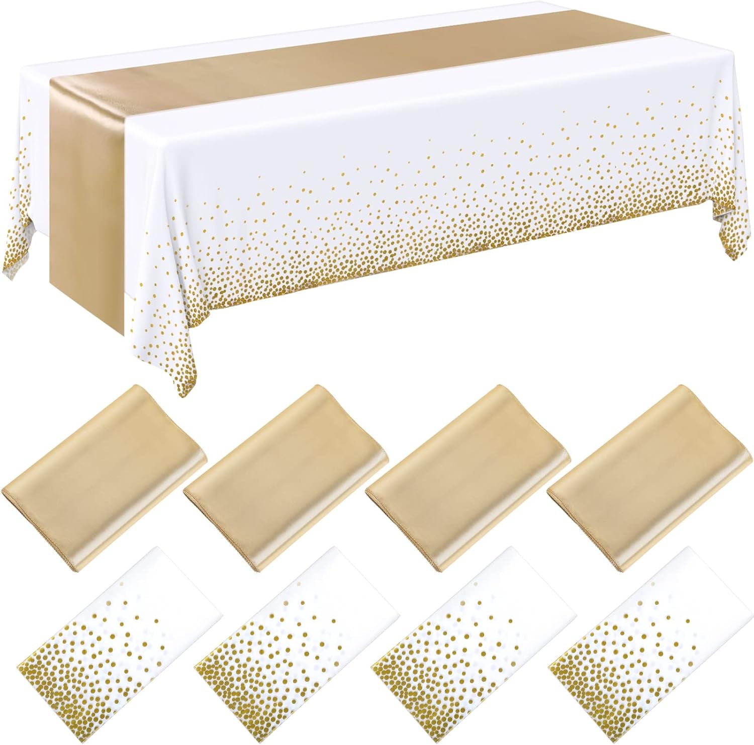 8 Pack White and Gold Disposable Plastic Tablecloths and Satin Table Runner Set, 54 X 108 Inch Tablecloth, 12 X 108 Inch Table Runners for Wedding First Communion Baby Shower Graduation