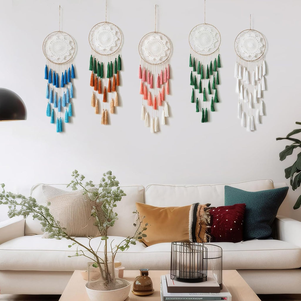 Macrame Dream Catcher Wall Hanging, Blue Large Boho Bedroom Decor | Handmade Tassel Feather Ornament, Natural Cotton, Modern Chic Living Room Nursery Art Decor, Blessing Gift for Women Girls