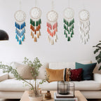 Macrame Dream Catcher Wall Hanging, Blue Large Boho Bedroom Decor | Handmade Tassel Feather Ornament, Natural Cotton, Modern Chic Living Room Nursery Art Decor, Blessing Gift for Women Girls