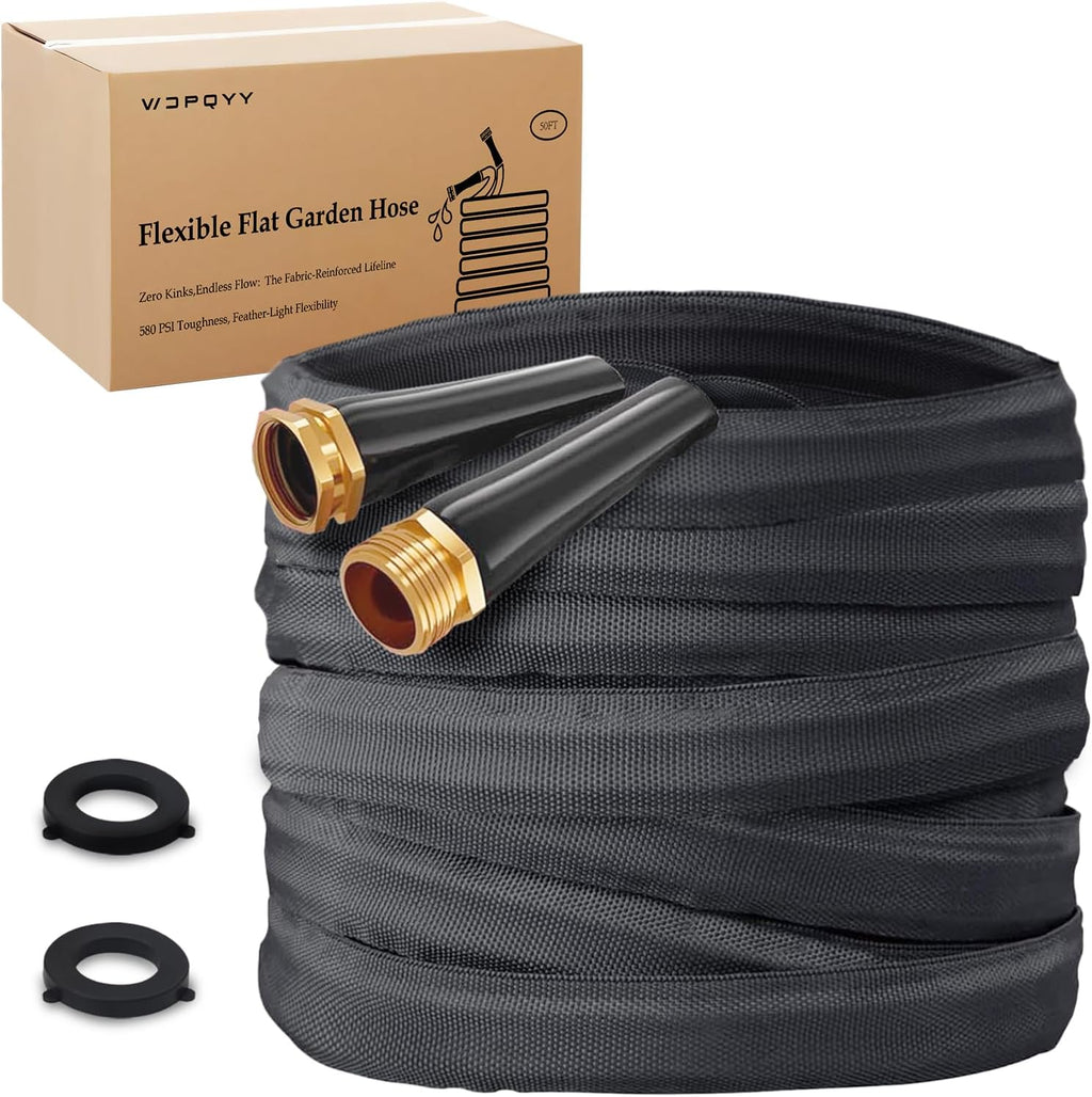 Lightweight Flat Garden Hose 100Ft, 800D Woven Water Hose with 3/4” Aluminum-Copper Fittings with 2 Rubber Washers, 580 PSI Burst Pressure, Flexible Kink-Free Hose for Outdoor, Lawn & Yard Use