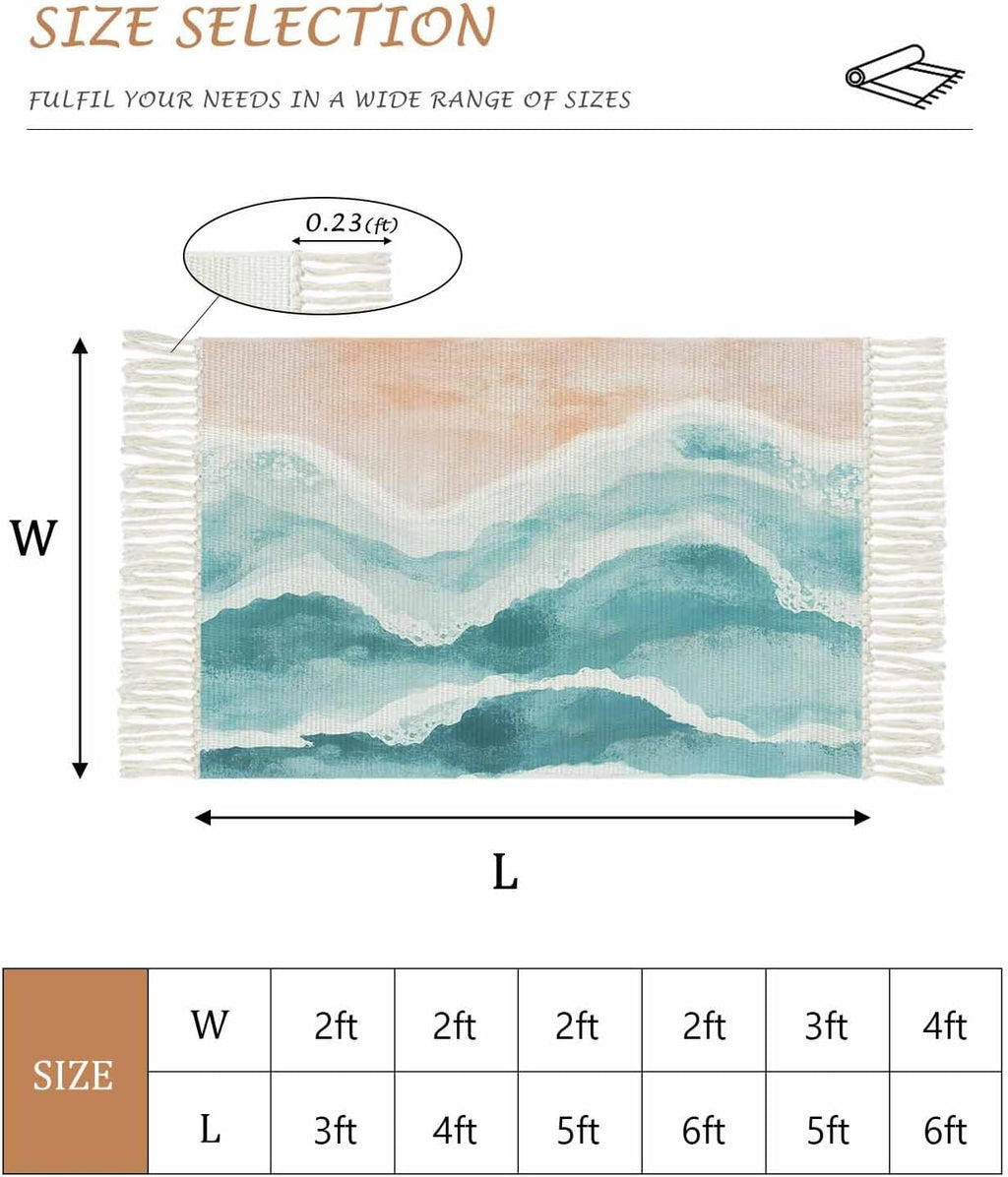 Teal Boho Coastal Area Rug 4X6 Living Room Rug with Tassel Woven Cotton Entryway Rug Washable Bedroom Rug Aesthetic Nursery Rug Ocean Beach Wave Ombre Green Floor Mat for Laundry Room