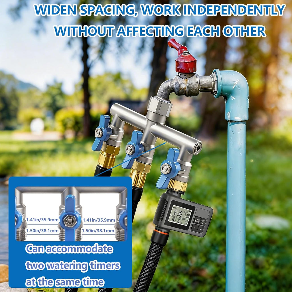 304 Stainless Steel Garden Hose Splitter 3 Way Heavy Duty, Full Flow T Valve Water Hose Splitter with 2.1" Extra Long Handle, Lead-Free，3/4" GHT Thread Connector for Outdoor Spigot Faucet