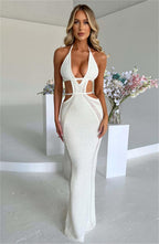 Women Sexy Crochet Maxi Dress Cut Out Halter V Neck Backless Knit Bodycon Long Dress Summer Beach Evening Party Dresses