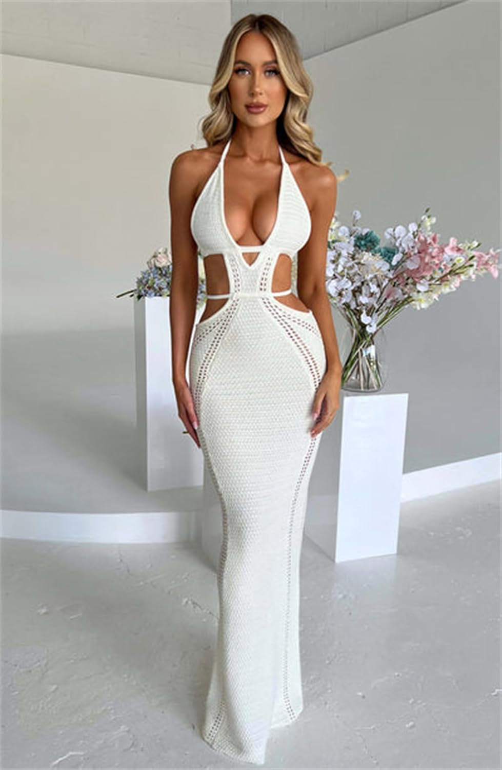 Women Sexy Crochet Maxi Dress Cut Out Halter V Neck Backless Knit Bodycon Long Dress Summer Beach Evening Party Dresses