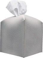 Tissue Box Cover, [Refined] Modern PU Leather Square Tissue Box Holder - Decorative Organizer for Bathroom Vanity Countertop, Night Stands, Office Desk & Car 5"X5"X5" - Pastel Grey