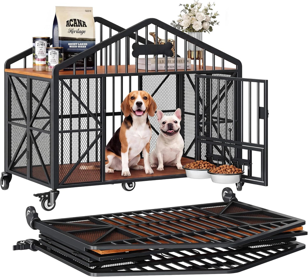 41.5" Foldable Dog Crate Furniture with 5 Wheels & Rotating Bowls | No Assembly. Foldable Frame. 5-Wheel Base. 2 Rotating Bowls. for Small/Medium Dogs. 41.5"L X 24.8"W X 35.1"H. Rustic Brown.