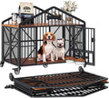 41.5" Foldable Dog Crate Furniture with 5 Wheels & Rotating Bowls | No Assembly. Foldable Frame. 5-Wheel Base. 2 Rotating Bowls. for Small/Medium Dogs. 41.5"L X 24.8"W X 35.1"H. Rustic Brown.
