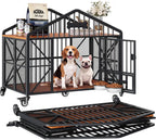 41.5" Foldable Dog Crate Furniture with 5 Wheels & Rotating Bowls | No Assembly. Foldable Frame. 5-Wheel Base. 2 Rotating Bowls. for Small/Medium Dogs. 41.5"L X 24.8"W X 35.1"H. Rustic Brown.