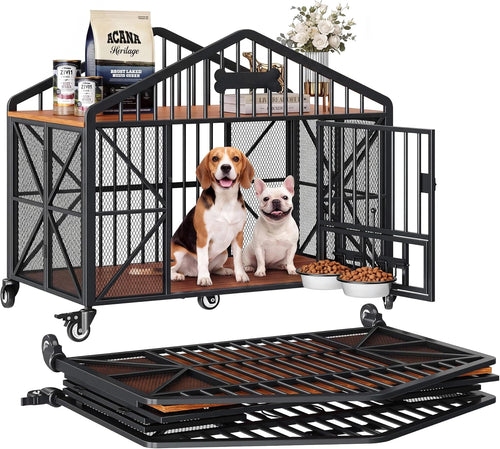 41.5" Foldable Dog Crate Furniture with 5 Wheels & Rotating Bowls | No Assembly. Foldable Frame. 5-Wheel Base. 2 Rotating Bowls. for Small/Medium Dogs. 41.5"L X 24.8"W X 35.1"H. Rustic Brown.