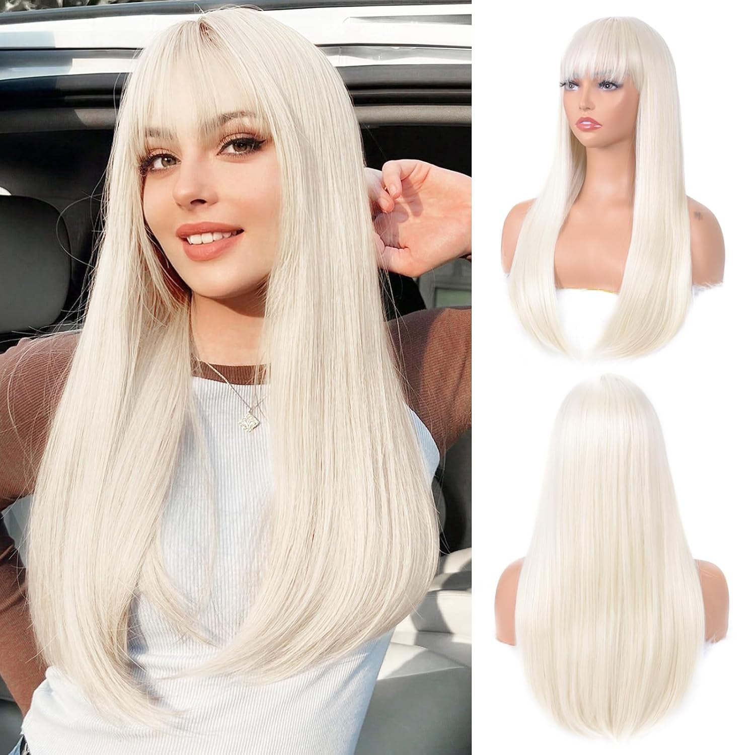 Platinum Blonde Wig with Bangs 24Inch Long Straight Wigs for Women | Natural Looking Synthetic Wig,Suitable for Daily Wear,Party,Halloween and Cosplay,Beginner-Friendly,Lightweight and Soft