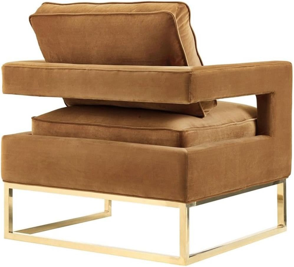 the Avery Collection Modern Style Living Room Den Leather Upholstered Armchair with Gold Legs, Cognac
