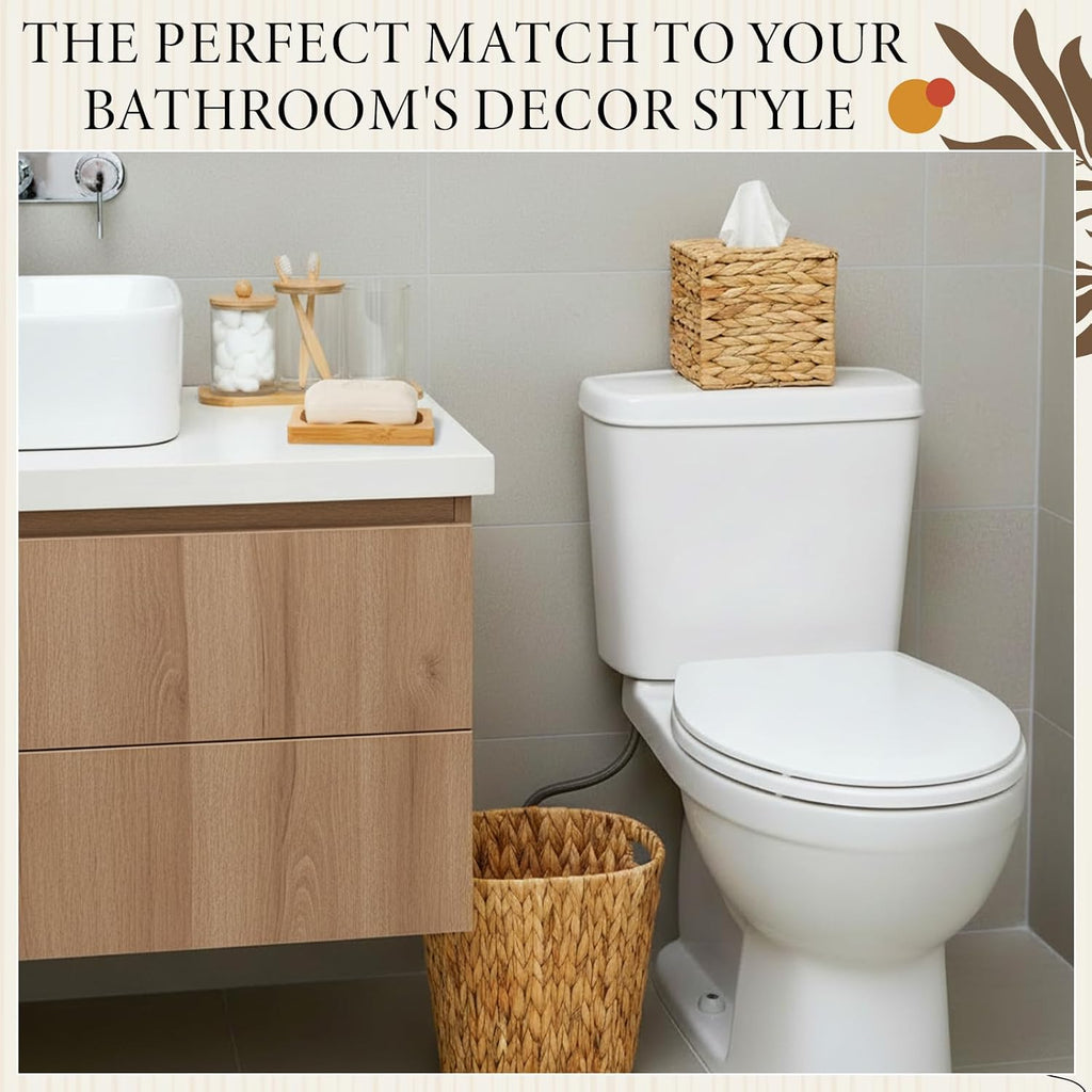 9-Piece Handwoven Wicker Bathroom Set, 15L / 4 Gallon Natural Water Hyacinth Trash Can, Tissue Holder, Soap Dispenser, Toothbrush Cup, Vanity Tray & Storage Jars