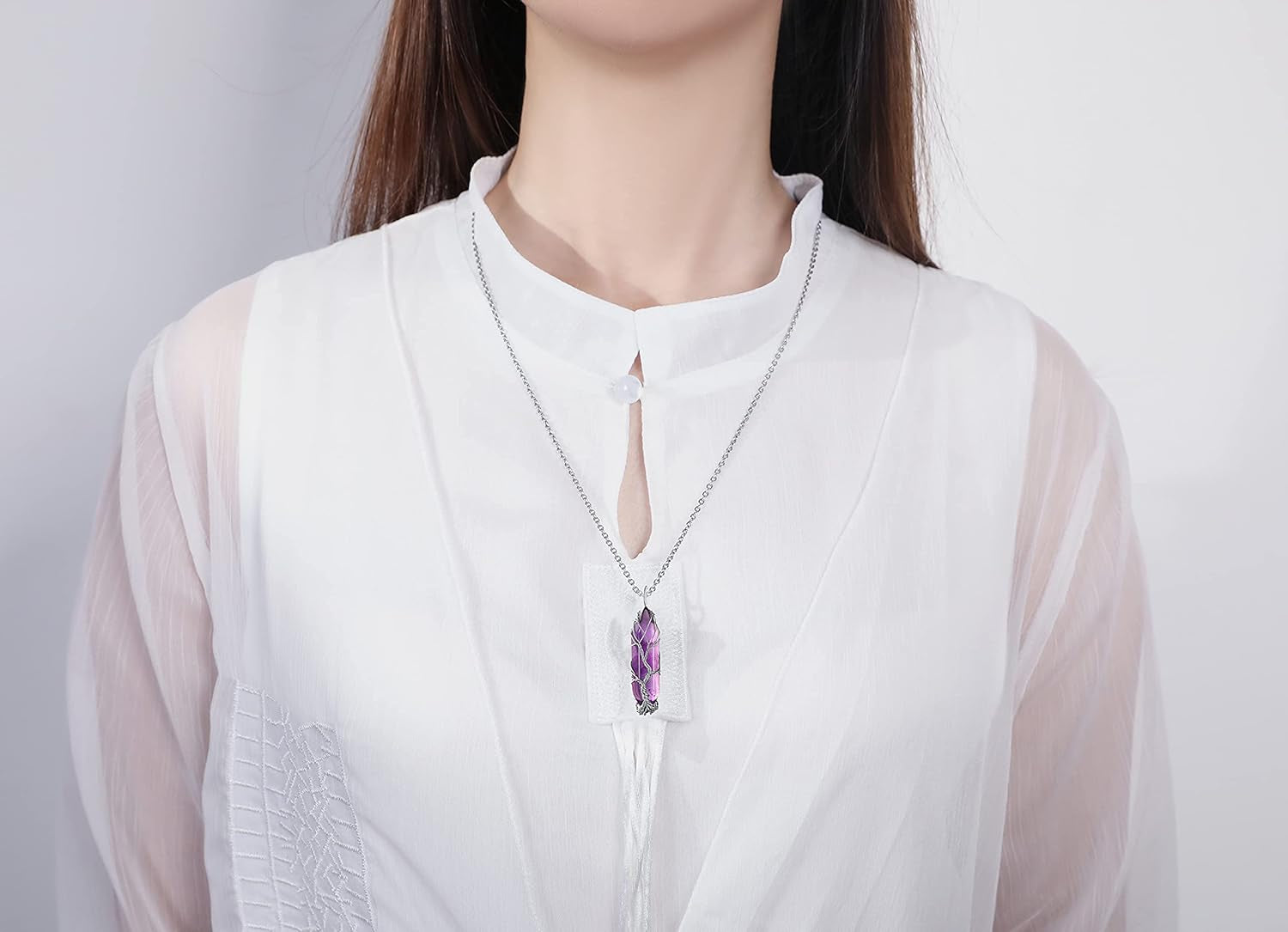 Tree of Life Wire Wrapped Natural Spiritual Hexagonal Gemstone Quartz Necklace Amethyst Reiki Healing Crystal Stone Point Pendant Necklaces Jewelry for Women