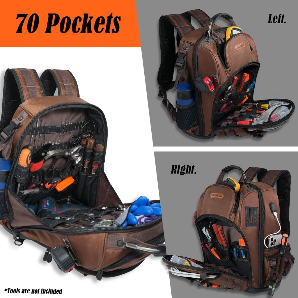 -70Pockets HVAC Backpack, Hard-Bottom Tool Backpack Electrician | Heavy Duty Backpacks for Tools, Back Pack Tool Bags for Men, Waterproof Tool Backpack Hard Bottom, Field Backpack Toolbag