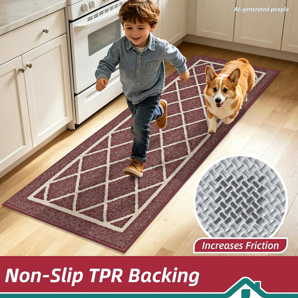 Kitchen Rugs Non Slip Washable Kitchen Mat, Red, 32X48In | Washable Easy Care Kitchen Rug, Absorbent Kitchen Mats for Floor, Stain Resistant Durable Rugs for Kitchen