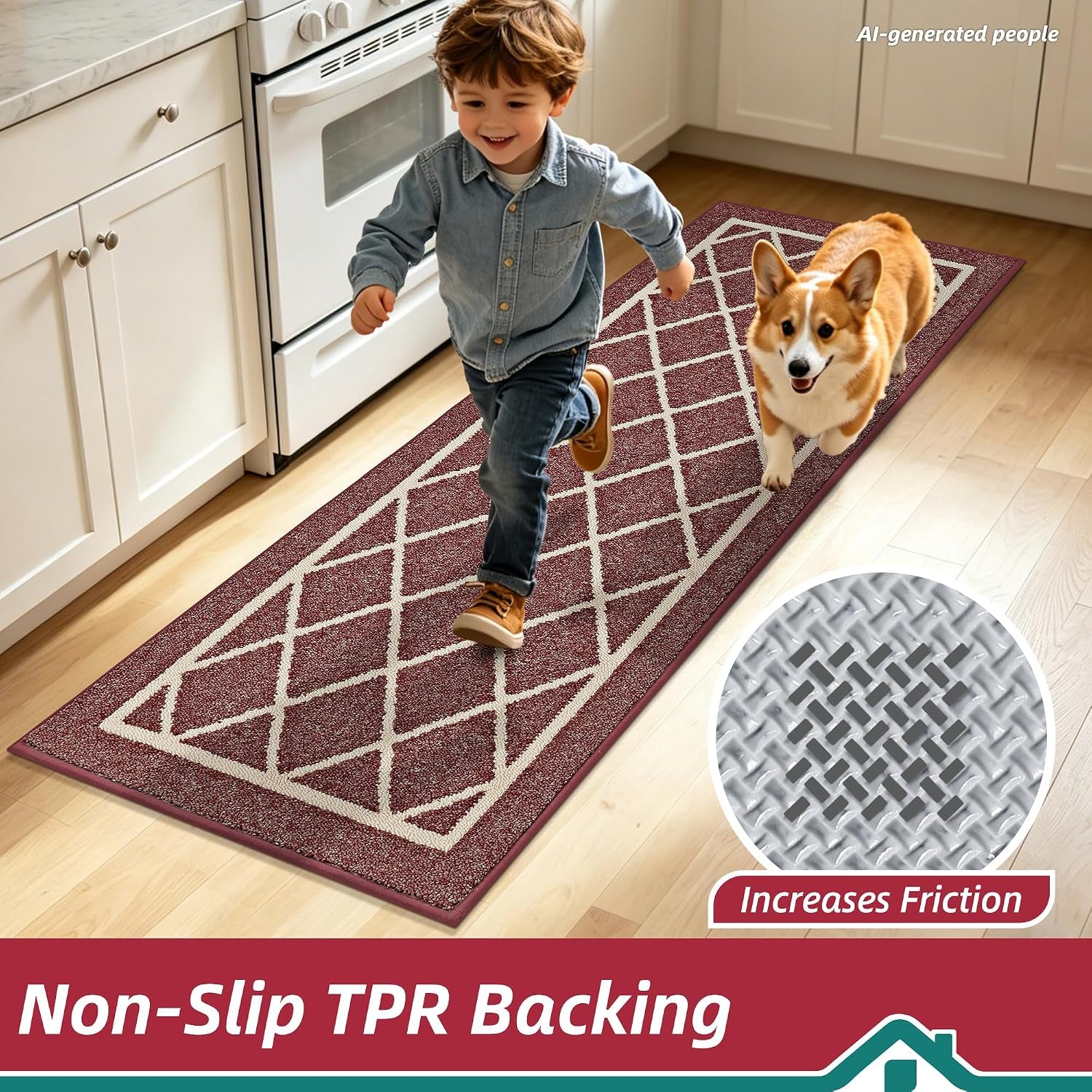 Kitchen Rugs Non Slip Washable Kitchen Mat, Red, 32X48In | Washable Easy Care Kitchen Rug, Absorbent Kitchen Mats for Floor, Stain Resistant Durable Rugs for Kitchen