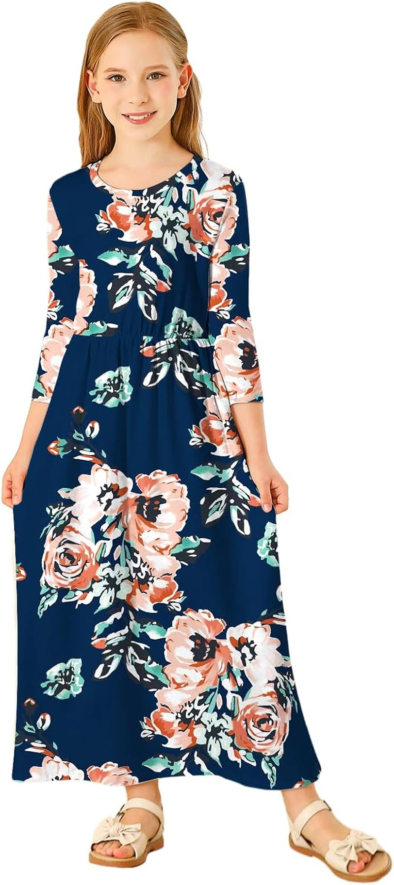 Girls Maxi Dress Floral 3/4 Long Sleeve Dresses with Pockets for Girls 6-12 Years