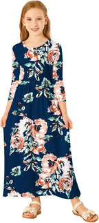 Girls Maxi Dress Floral 3/4 Long Sleeve Dresses with Pockets for Girls 6-12 Years