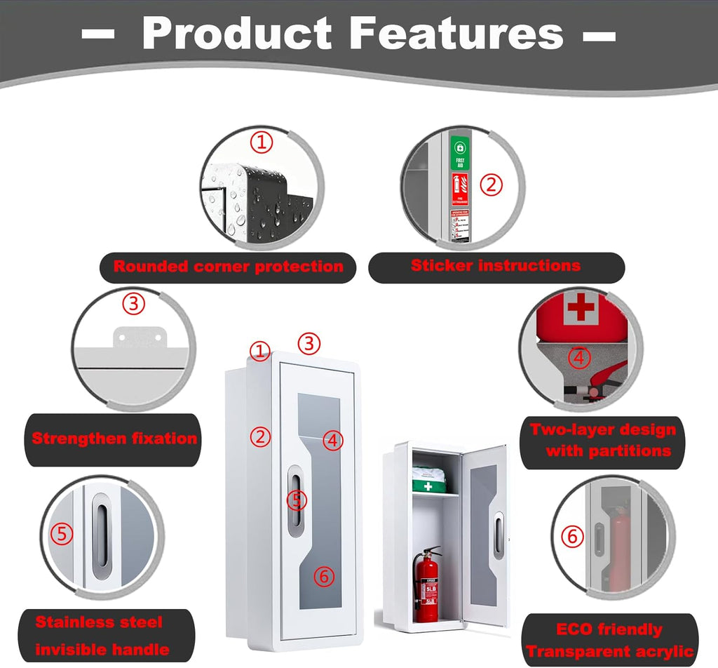 Rounded Corner Semi Recessed Steel Fire Extinguisher Cabinet White 2PC | for 2.5/5/10 LB Extinguisher ，Heavy-Duty Wall Mount Box ，Invisible Handle, Transparent Window, Indoor/Outdoor Use