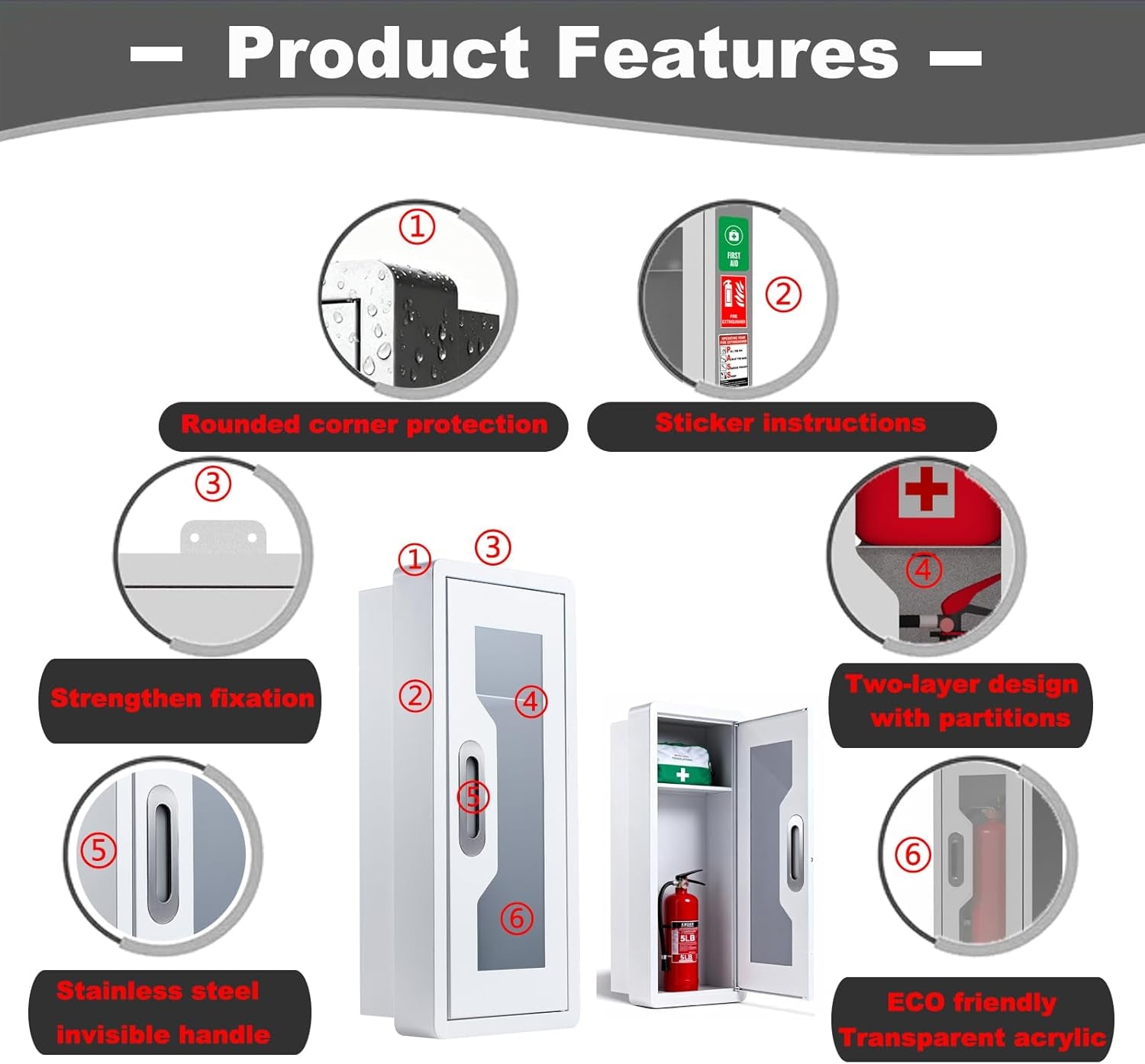 Rounded Corner Semi Recessed Steel Fire Extinguisher Cabinet White 2PC | for 2.5/5/10 LB Extinguisher ，Heavy-Duty Wall Mount Box ，Invisible Handle, Transparent Window, Indoor/Outdoor Use