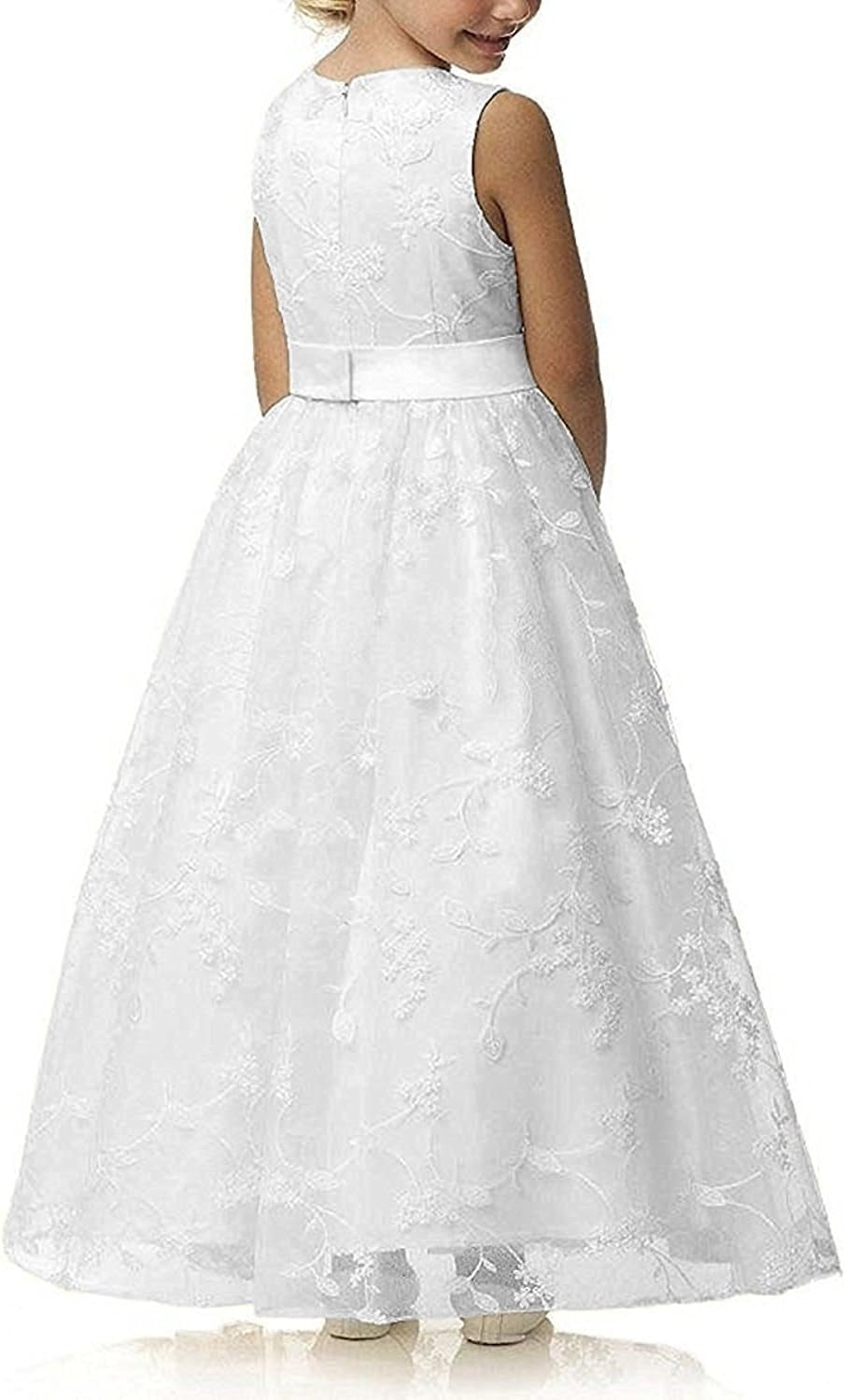 Lace A-Line Flower Girl Dress | Sleeveless,Floral Embroidery,Hidden Zipper.Perfect for Kids Wedding,Communion,Pageant & Formal Events.
