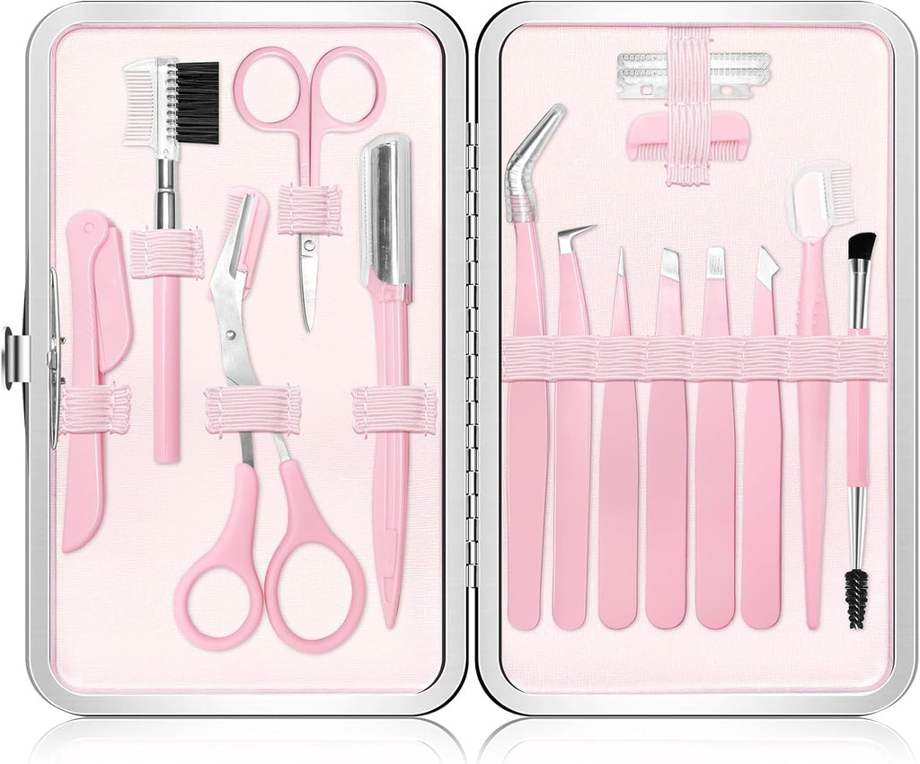 Eyebrow Kit, 17 in 1 Tweezers for Women Facial Hair, Hair Scissors with Comb, Eyebrow Trimmer, Brow Brushes, Hair Tools Travel Bag, Professional Grooming Tweezer Set
