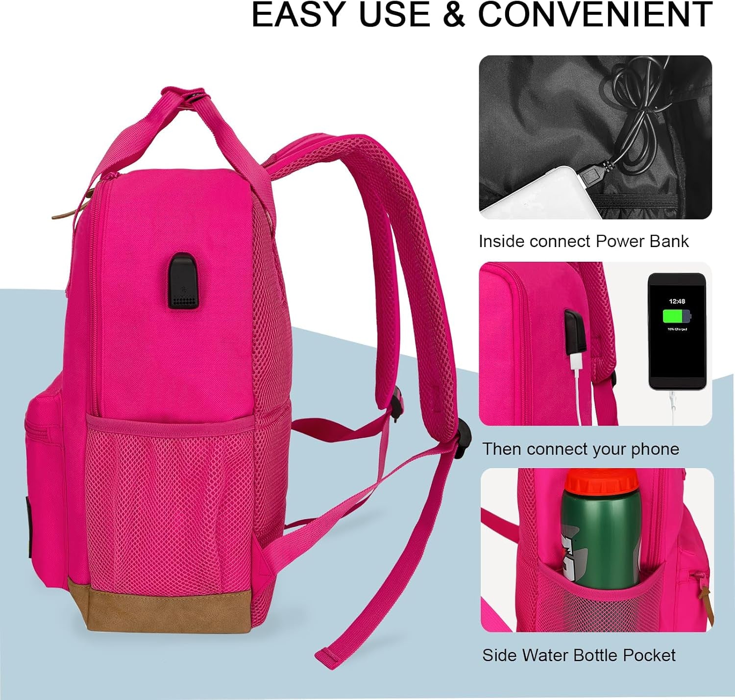 Small Carry on Travel Backpack with USB Charging Port, Lightweight Water Resistant Mini Carry-On Backpack for Men Women, Compact Personal Everyday Backpack,Rose