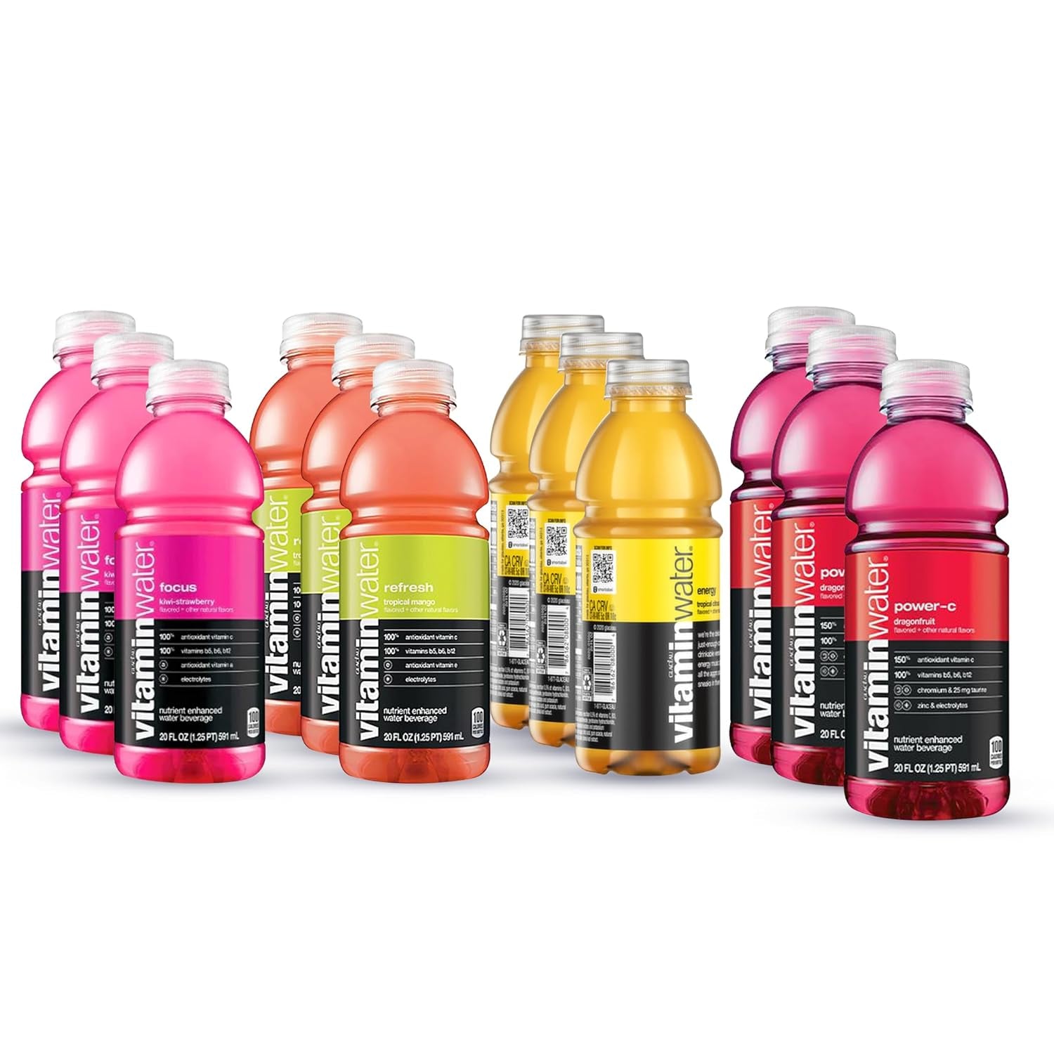 Vitamin Water Variety Pack - 20 Oz Water Bottles - Vitamin Water Energy Drink, Flavored Water - Vitamin Water Energy, Refresh, Focus, Power-C - Sport Drinks Variety Pack - Vitamin Water 12 Pack