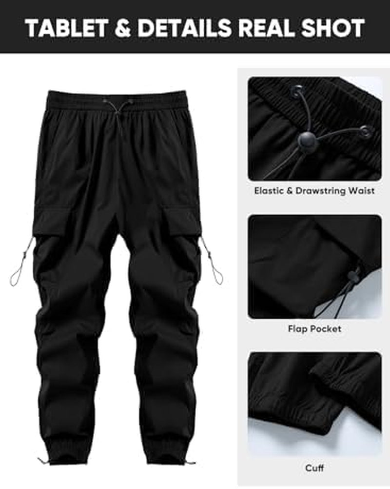 Mens Loose Fit Drawstring Y2K Baggy Parachute Cargo Pants | Harem Joggers, Utility Flap, Deep Side Pockets, Elastic Waistband, Adjustable Hem, Streetwear, Casual Wear, Outdoor Hiking