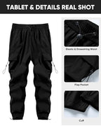 Mens Loose Fit Drawstring Y2K Baggy Parachute Cargo Pants | Harem Joggers, Utility Flap, Deep Side Pockets, Elastic Waistband, Adjustable Hem, Streetwear, Casual Wear, Outdoor Hiking