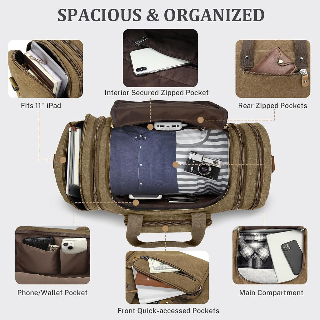 Canvas Duffle Bag, Expandable 60L Travel Overnight Weekender Bag | Multiple Pockets, Carry-On Size, Durable Zippers, Detachable Strap, for Men & Women, Coffee