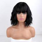 Short Wavy Black Wig with Bangs, Short Black Bob Wigs for Women, Wavy Bob Wig with Bangs Synthetic Natural Looking Heat Resistant Fiber Wigs