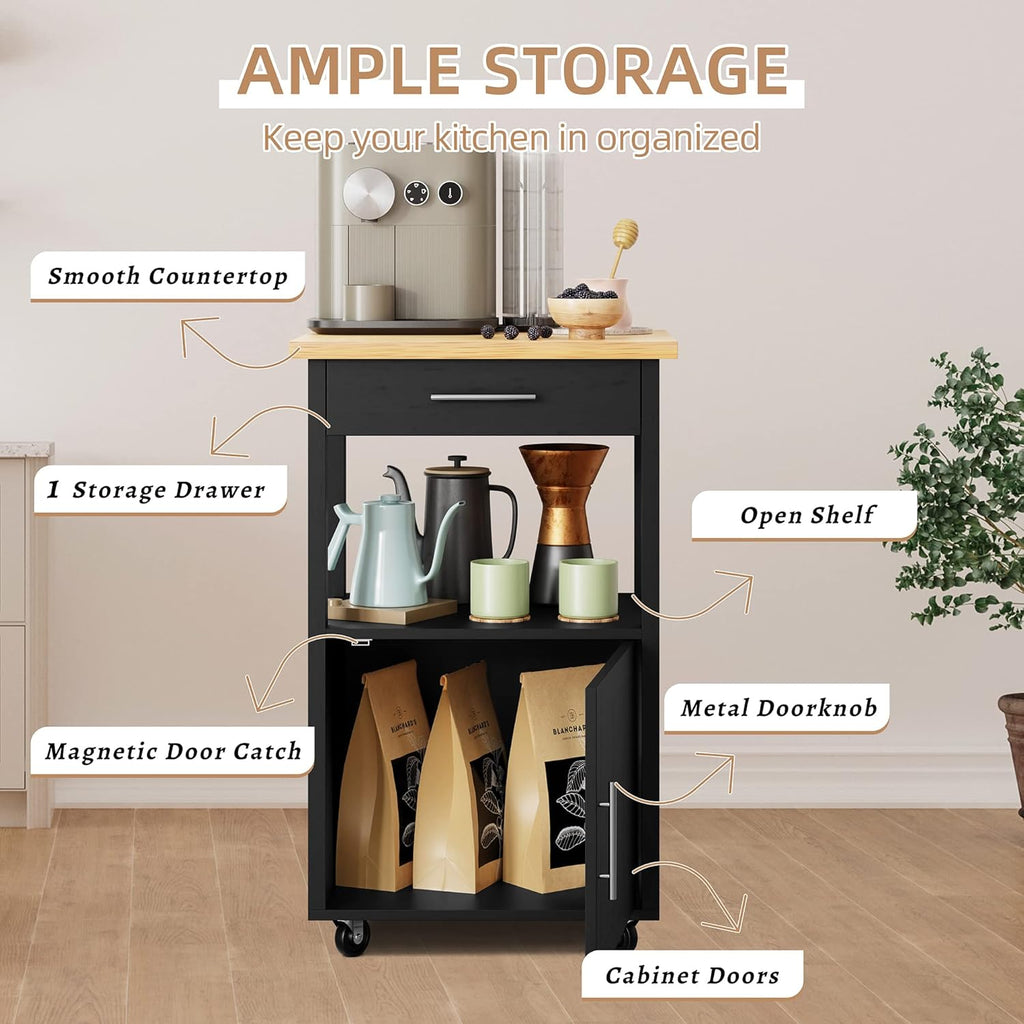 Kitchen Island Cart with Storage,Rolling Kitchen Island Side Table on Wheels with Worktop,Single Door Storage Cabinet and Drawer for Kitchen,Dinning Room, Black
