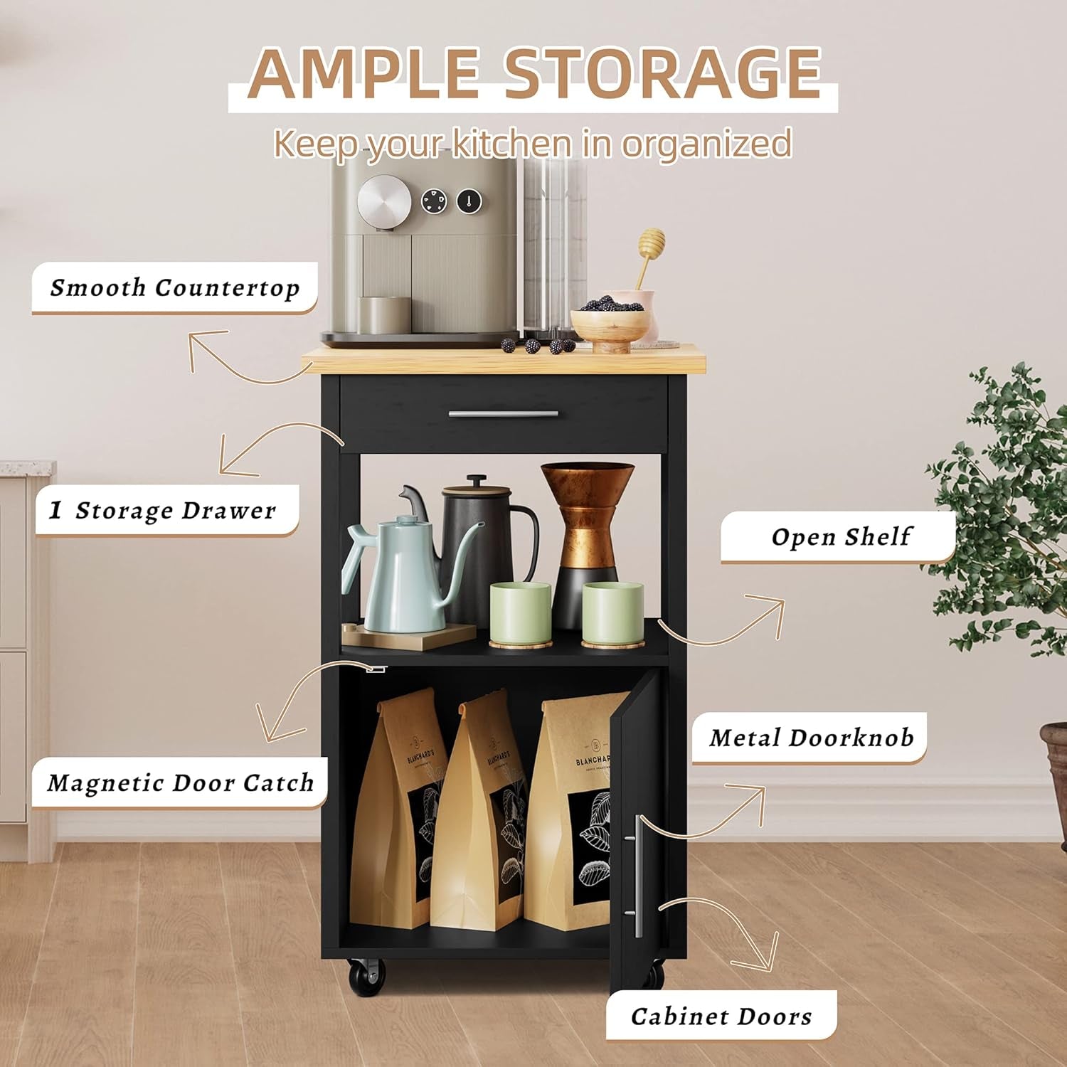 Kitchen Island Cart with Storage,Rolling Kitchen Island Side Table on Wheels with Worktop,Single Door Storage Cabinet and Drawer for Kitchen,Dinning Room, Black