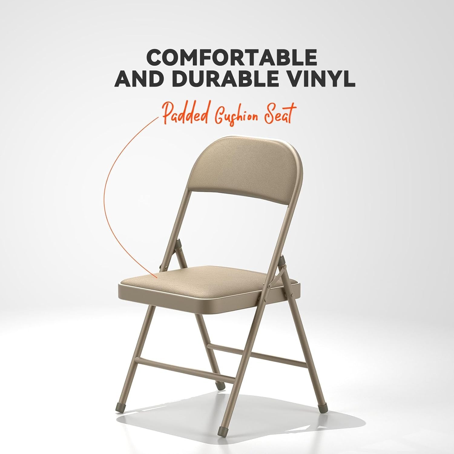 Folding Chairs with Padded Vinyl Cushion Chairs with Comfortable Cushion and Durable Steel Frame for Home and Office, for Indoor and Outdoor Events (Kahki, Vinyl, 4 Pack)
