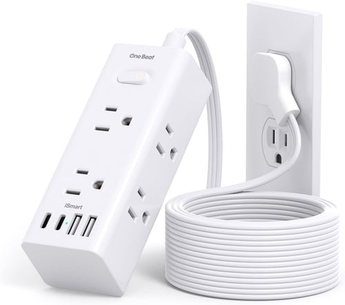 10Ft Extension Cord with Multiple Outlets,Flat Plug Power Strip Surge Protector with 10 Ft Long Cord,6 Outlet 4 USB Ports (2USB C),Multi Outlet Wall Plug for Travel,College,Dorm Essentials
