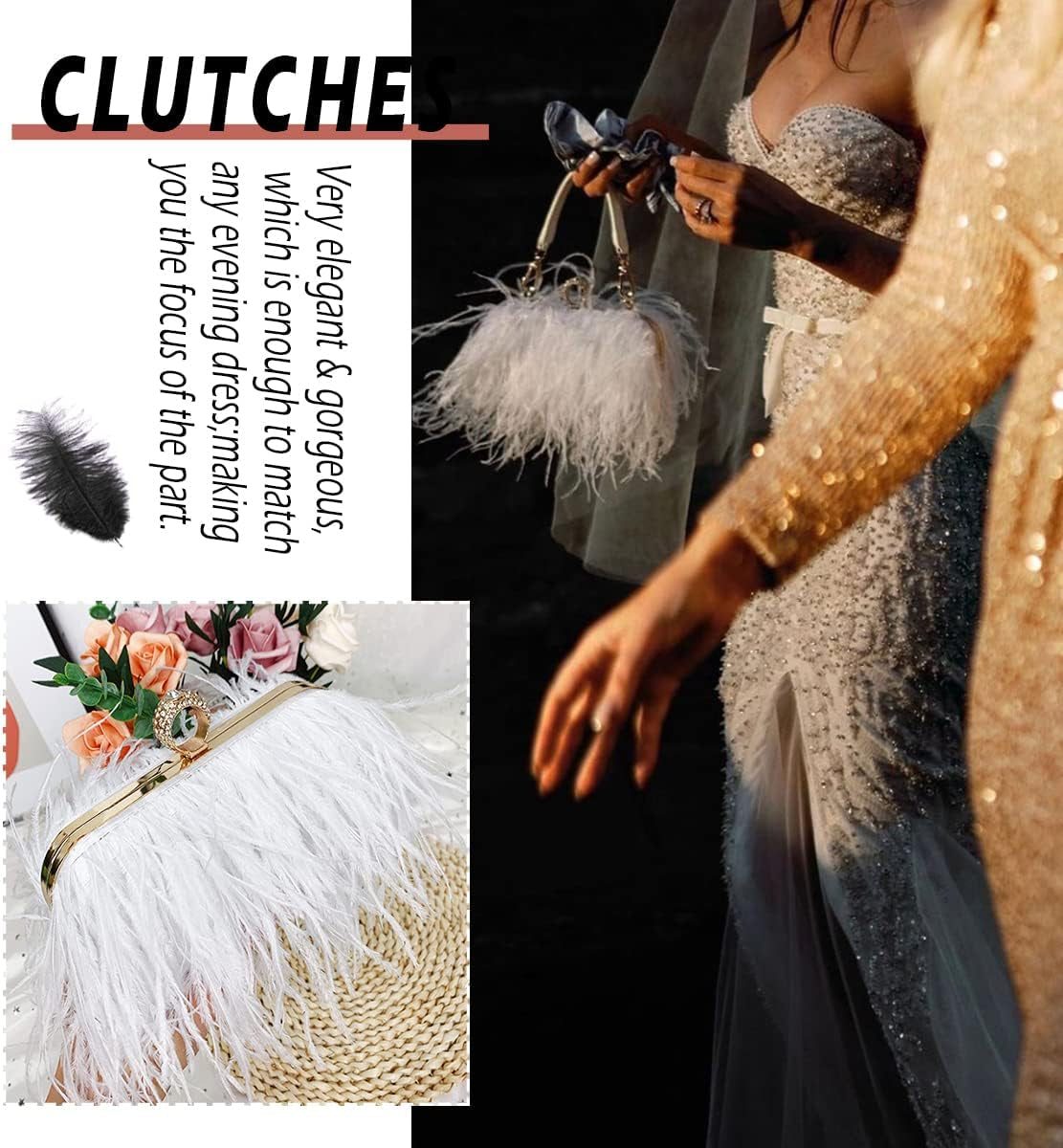 Women'S Real Natural Ostrich Feather Tote Evening Dress Bag Shoulder Bag Party Money Bag Wallet Clutch