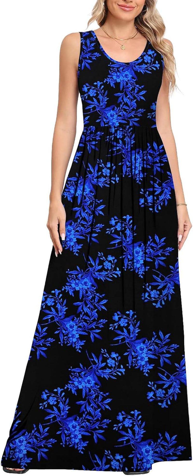 Summer Dresses for Women Flowy Casual Sleeveless Maxi Dress Beach Vacation Sundresses with Pockets S-2XL