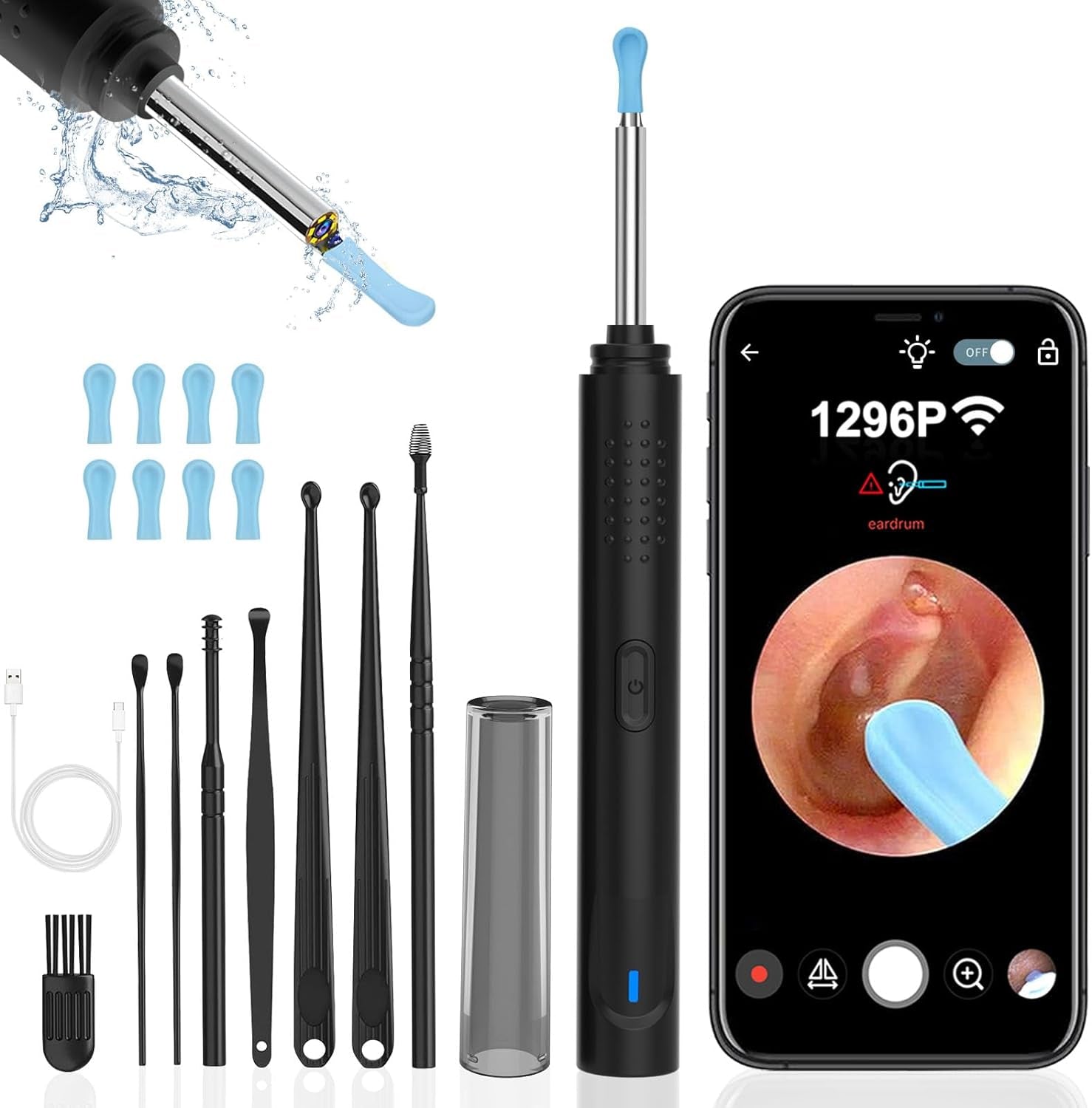 Ear Wax Removal, Ear Cleaner with Camera with 1296P, Earwax Removal Kit with 9 Ear Set and 8 Traditional Tools, Built-In Wifi IP67 Waterproof, Ear Cleaning Kit for Iphone, Ipad, Android