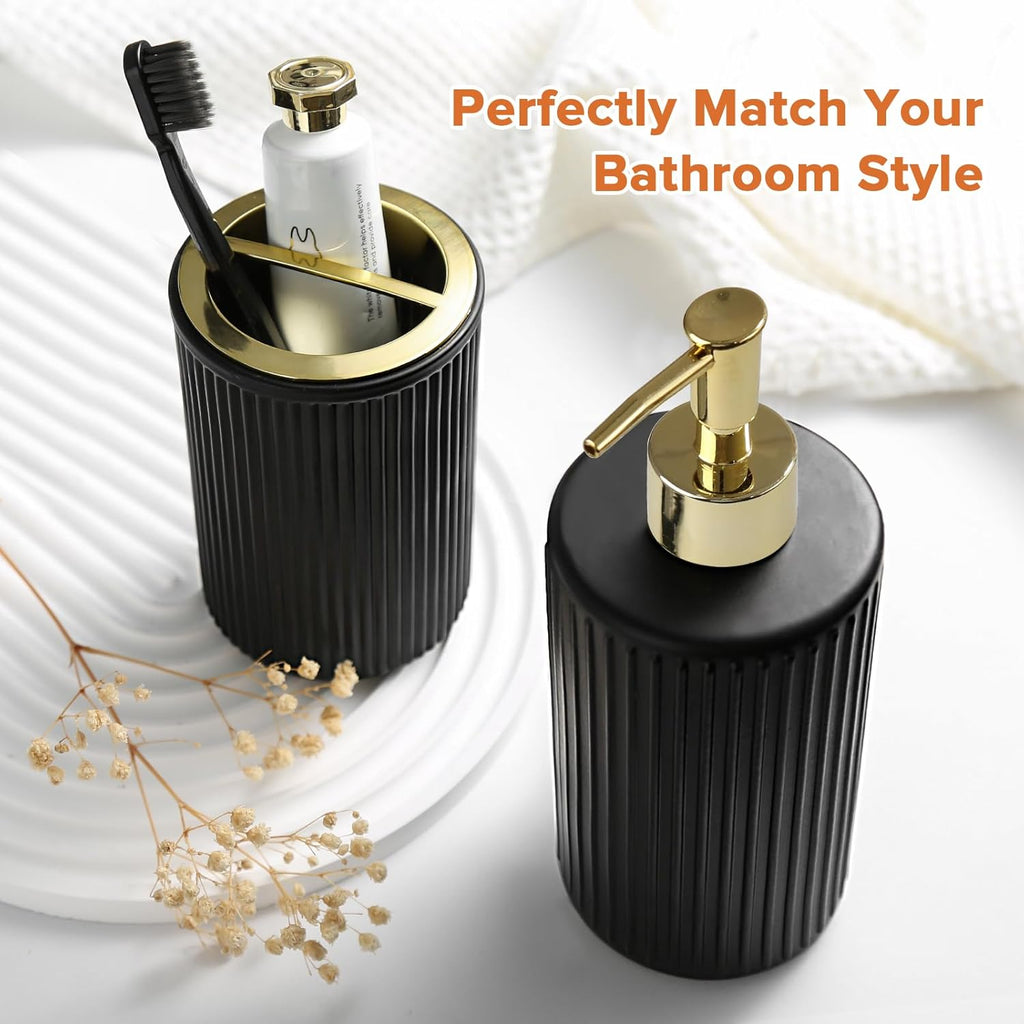 Matte Black and Gold Bathroom Accessories Set, 4 Pack Glass Bath Accessory Sets Complete, Ribbed Soap Dispenser and Toothbrush Holder Set with 2 Qtip Holders, Modern Gold Bathroom Decor