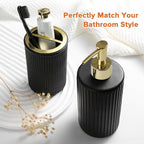 Matte Black and Gold Bathroom Accessories Set, 4 Pack Glass Bath Accessory Sets Complete, Ribbed Soap Dispenser and Toothbrush Holder Set with 2 Qtip Holders, Modern Gold Bathroom Decor