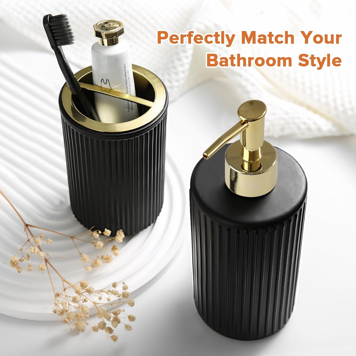 Matte Black and Gold Bathroom Accessories Set, 4 Pack Glass Bath Accessory Sets Complete, Ribbed Soap Dispenser and Toothbrush Holder Set with 2 Qtip Holders, Modern Gold Bathroom Decor