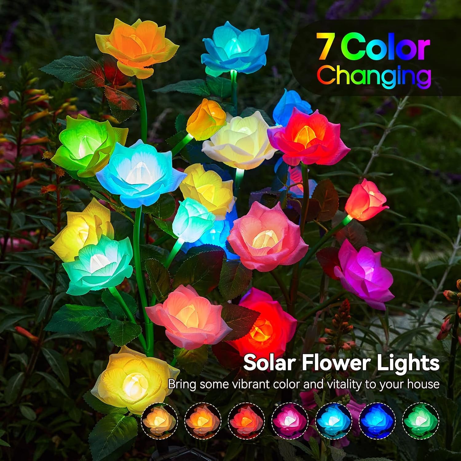 6 Pack Solar Lights Outdoor Garden Decor, 7 Color Changing Solar Flowers Outdoor Waterproof with 30 Bigger & Realistic Rose, Enlarged Size Panel for Patio Yard Garden Cemetery Decoration, Gifts