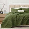 Quilt Set Queen Size Summer Squares Pattern Forest Green Bedspread | Bedding Set for All Season Use, Soft & Breathable Coverlet,3-Piece Set Includes 2 Shams, Machine Washable