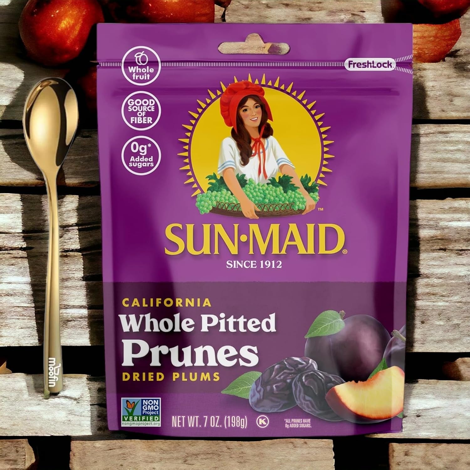 Sun-Maid Prunes Pitted Unsweetened, 7 Oz, Nutritious Dried Prunes with  Golden SS Spoon, California Plums, High in Fiber & Antioxidants, No Artificial Flavors and Colors, Non-Gmo, Whole Pitted Prunes Dried Plum, Pack of 4